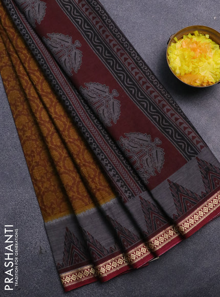 Muslin cotton saree dark mustard and grey maroon with allover floral prints and thread woven border