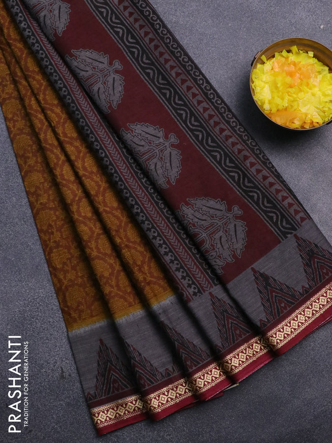 Muslin cotton saree dark mustard and grey maroon with allover floral prints and thread woven border