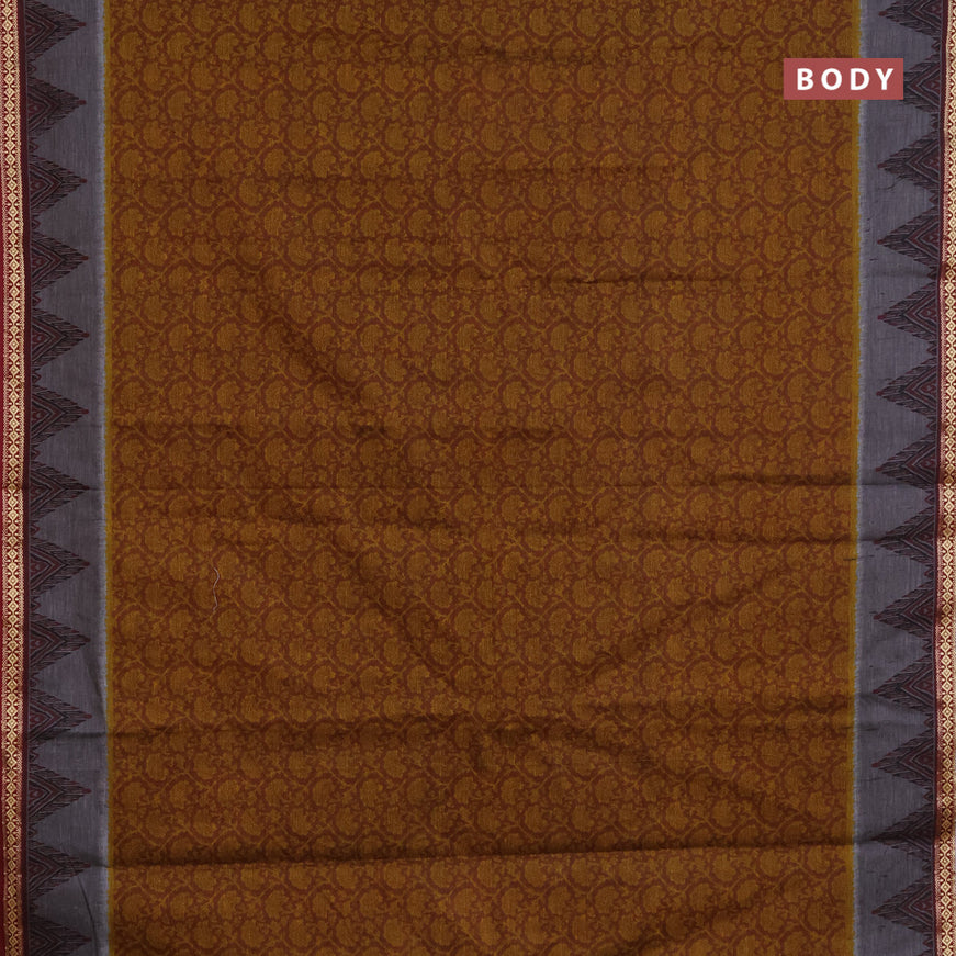 Muslin cotton saree dark mustard and grey maroon with allover floral prints and thread woven border