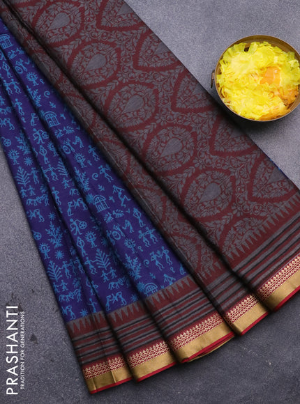 Muslin cotton saree blue and maroon with allover warli prints and thread woven border