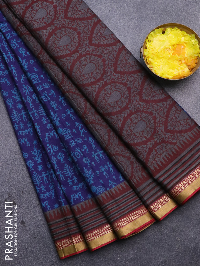 Muslin cotton saree blue and maroon with allover warli prints and thread woven border