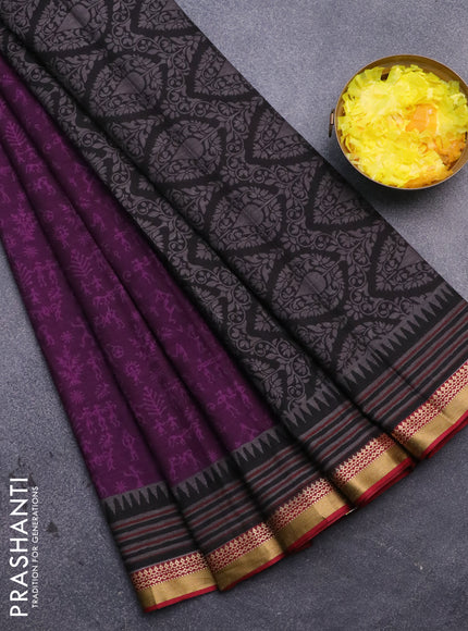 Muslin cotton saree deep purple and maroon with allover warli prints and thread woven border