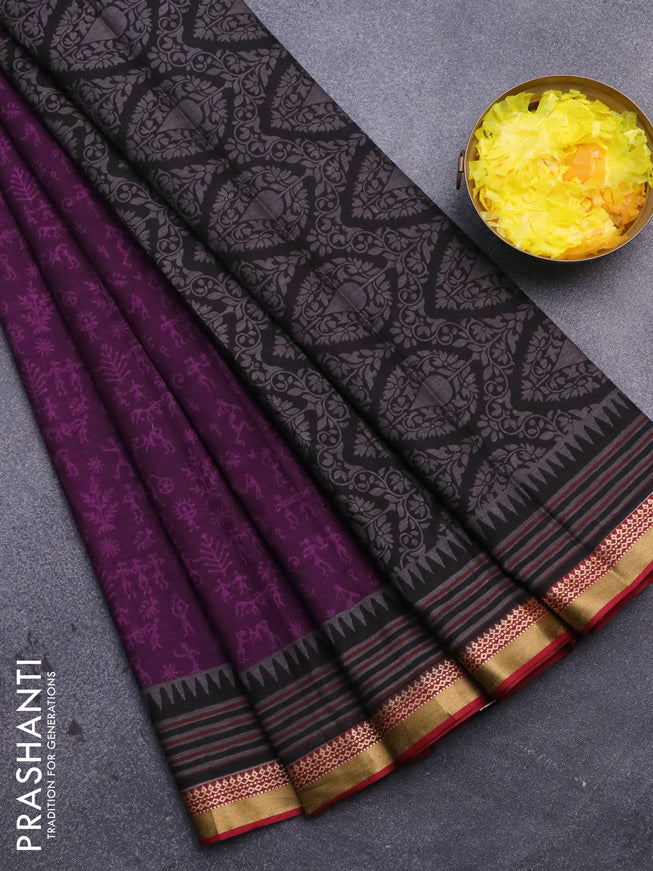 Muslin cotton saree deep purple and maroon with allover warli prints and thread woven border