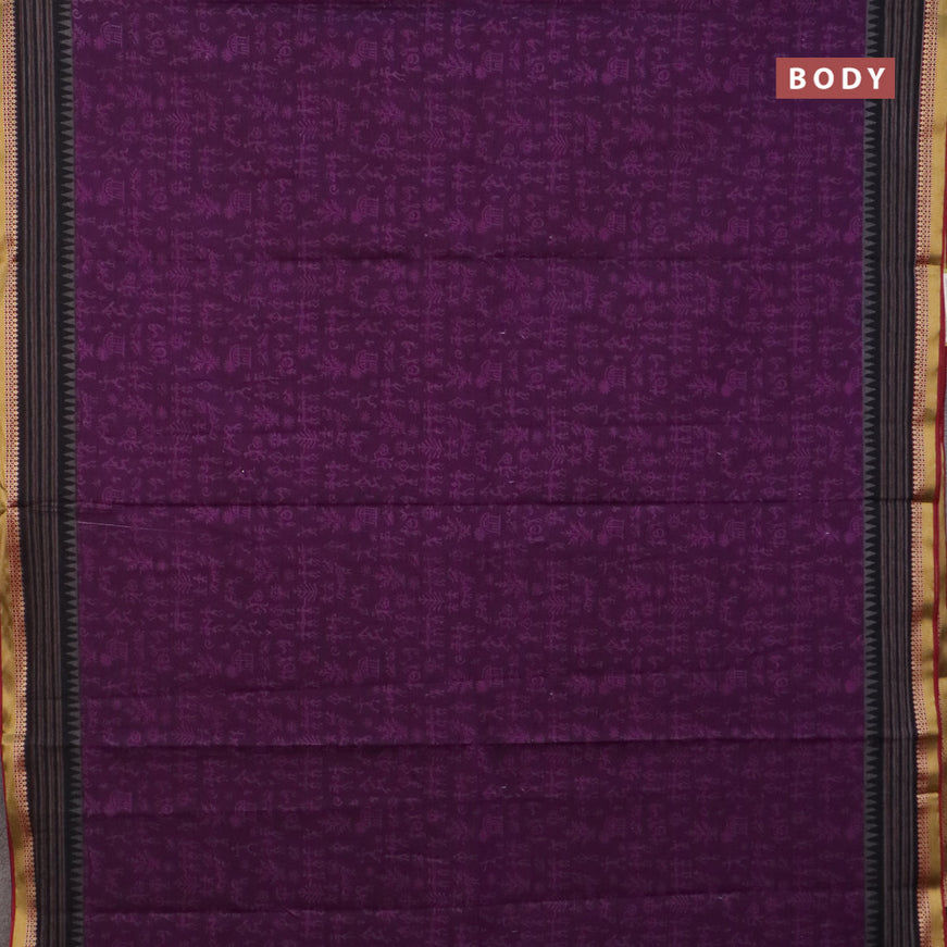 Muslin cotton saree deep purple and maroon with allover warli prints and thread woven border