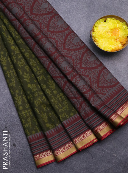 Muslin cotton saree sap green and maroon with allover warli prints and thread woven border