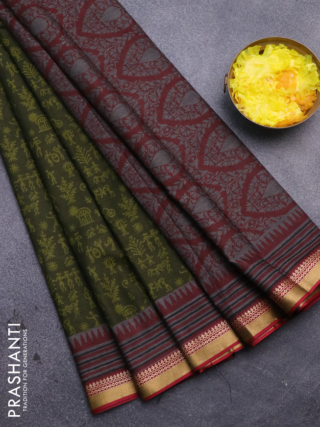 Muslin cotton saree sap green and maroon with allover warli prints and thread woven border