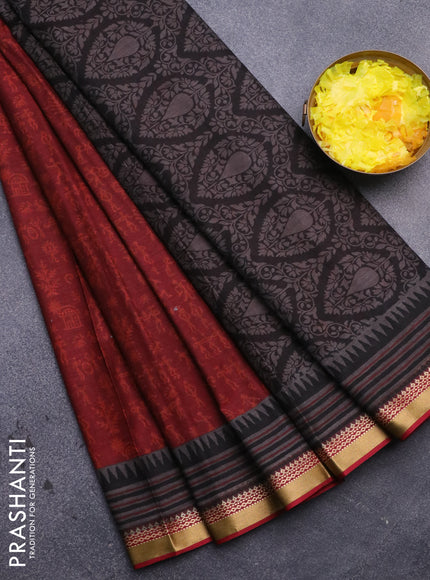 Muslin cotton saree maroon and grey maroon with allover warli prints and thread woven border