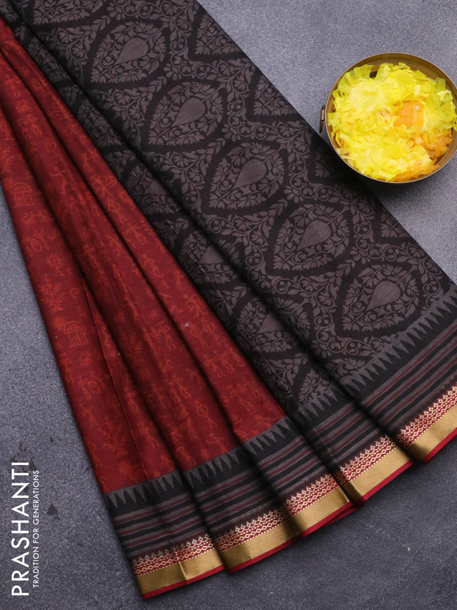 Muslin cotton saree maroon and grey maroon with allover warli prints and thread woven border