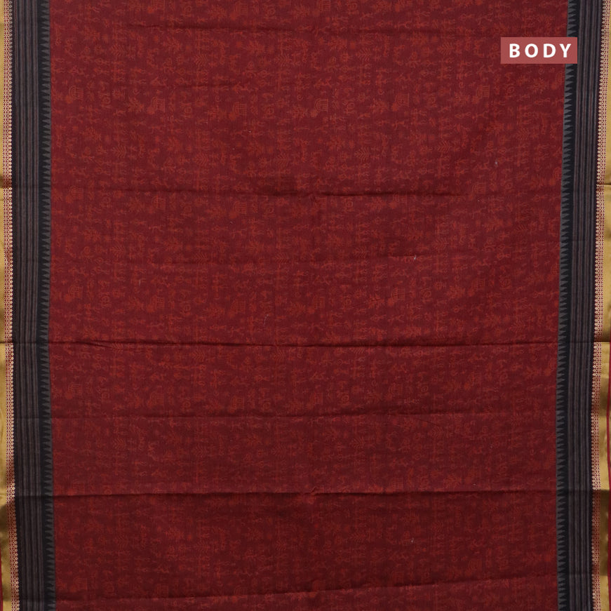 Muslin cotton saree maroon and grey maroon with allover warli prints and thread woven border