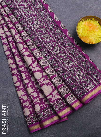 Muslin cotton saree purple and beige with allover prints and small zari woven border