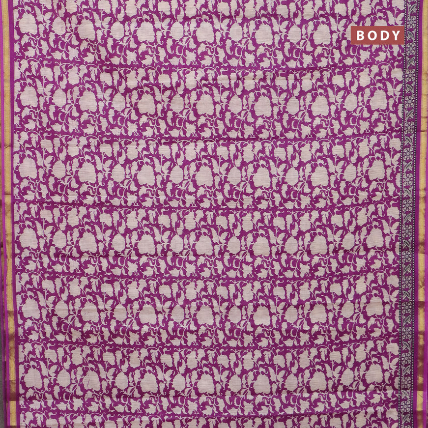 Muslin cotton saree purple and beige with allover prints and small zari woven border