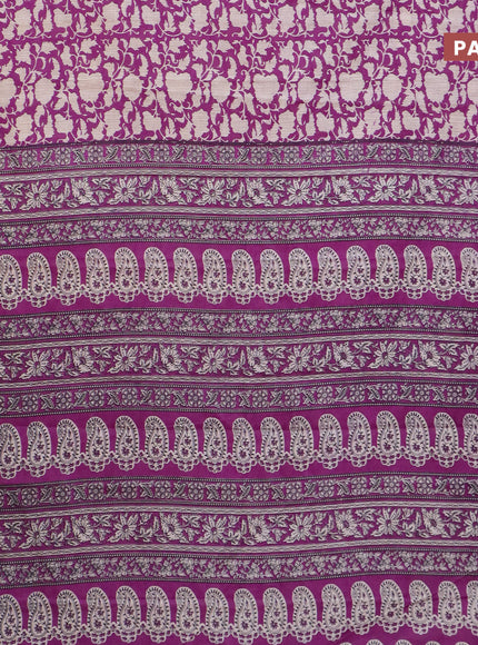 Muslin cotton saree purple and beige with allover prints and small zari woven border