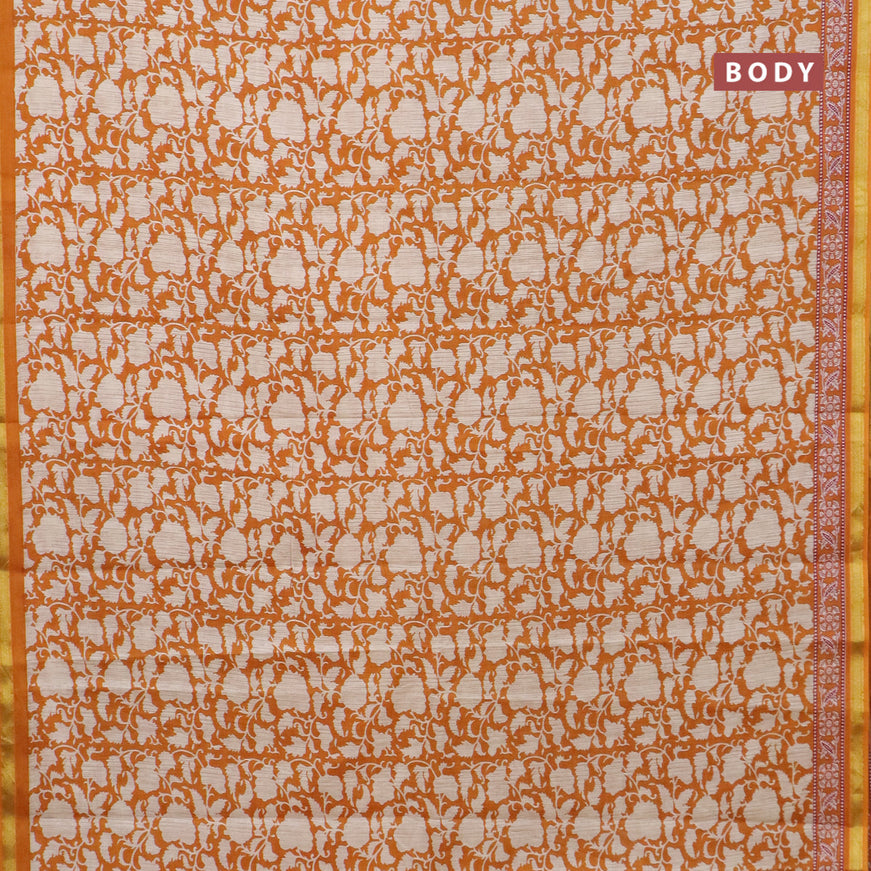 Muslin cotton saree mustard shade and beige with allover prints and small zari woven border