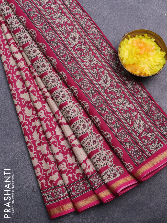 Muslin cotton saree pink and beige with allover prints and small zari woven border