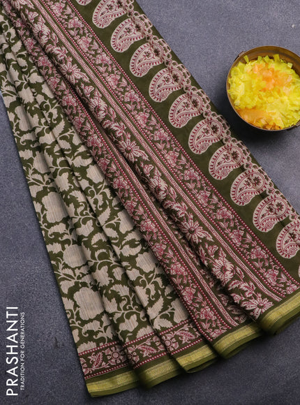 Muslin cotton saree sap green and beige with allover prints and small zari woven border