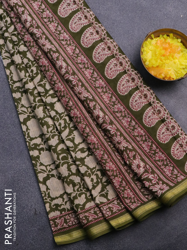 Muslin cotton saree sap green and beige with allover prints and small zari woven border