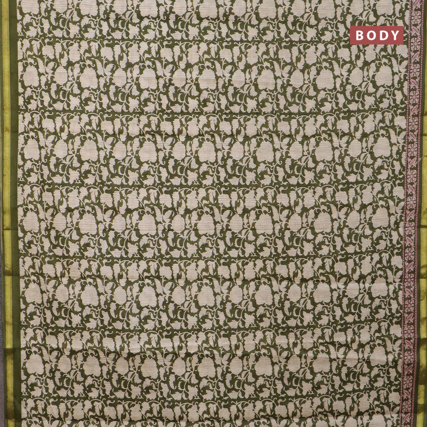 Muslin cotton saree sap green and beige with allover prints and small zari woven border