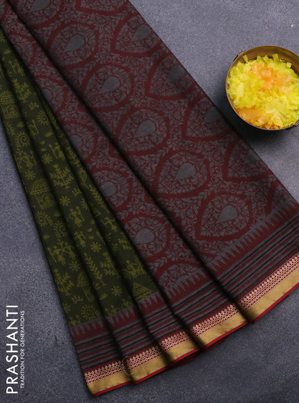 Muslin cotton saree sap green and maroon with allover warli prints and thread woven border