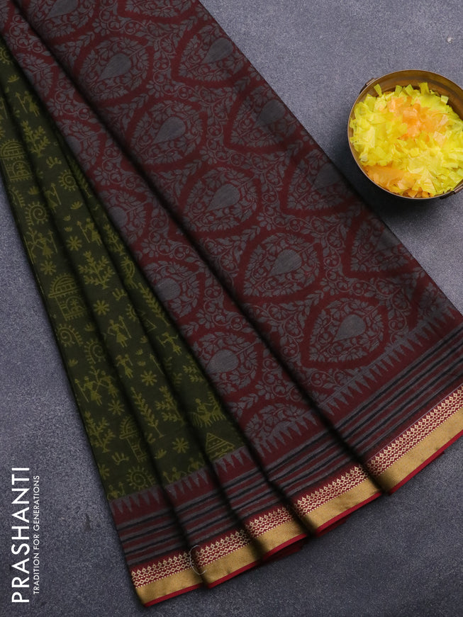 Muslin cotton saree sap green and maroon with allover warli prints and thread woven border