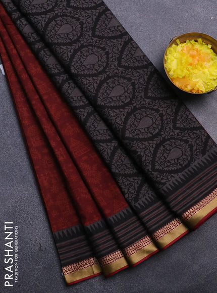 Muslin cotton saree maroon and grey maroon with allover warli prints and thread woven border