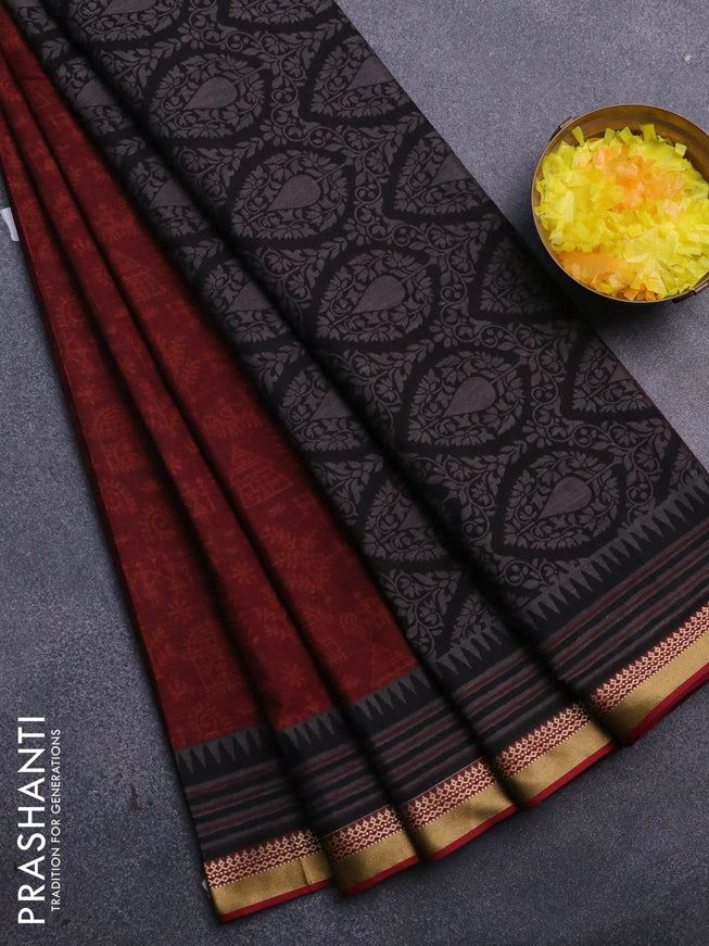 Muslin cotton saree maroon and grey maroon with allover warli prints and thread woven border