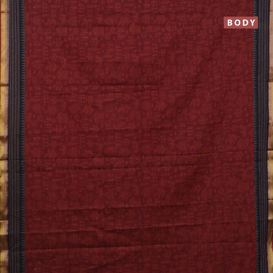 Muslin cotton saree maroon and grey maroon with allover warli prints and thread woven border