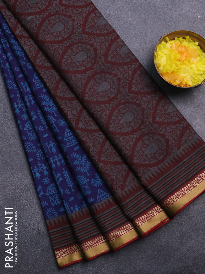 Muslin cotton saree blue and maroon with allover warli prints and thread woven border