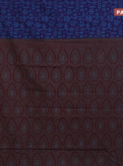 Muslin cotton saree blue and maroon with allover warli prints and thread woven border