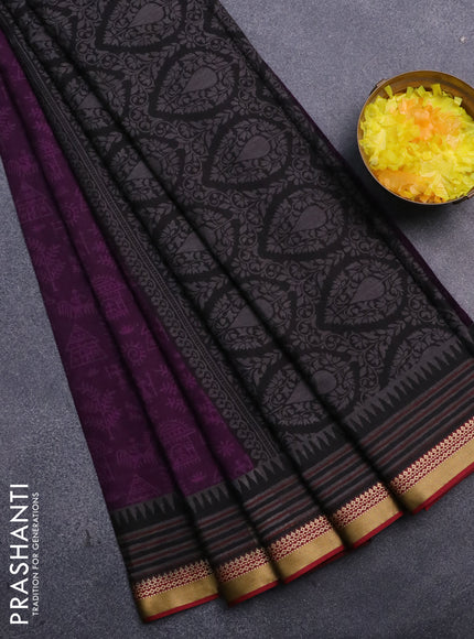 Muslin cotton saree deep purple and maroon with allover warli prints and thread woven border