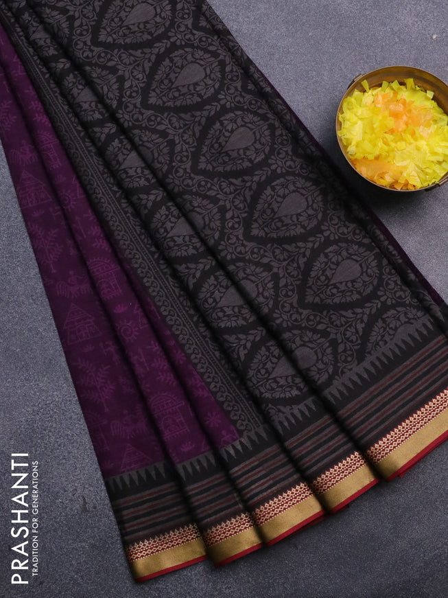 Muslin cotton saree deep purple and maroon with allover warli prints and thread woven border