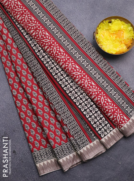 Muslin cotton saree red and beige with allover floral butta prints and printed border