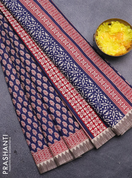 Muslin cotton saree blue and beige with allover floral butta prints and printed border