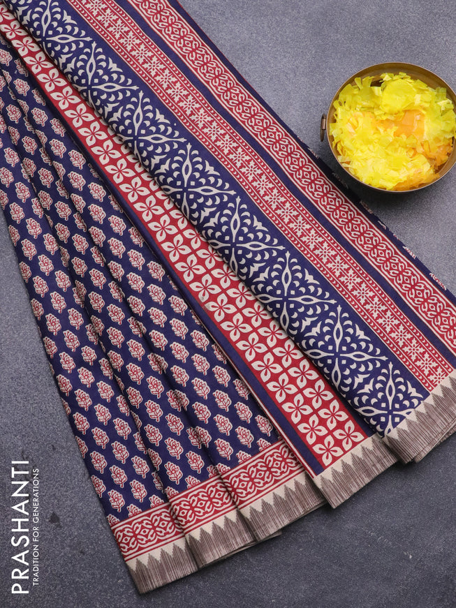 Muslin cotton saree blue and beige with allover floral butta prints and printed border