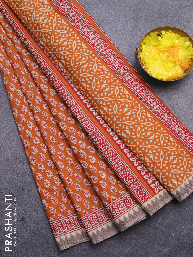 Muslin cotton saree orange and beige with allover floral butta prints and printed border