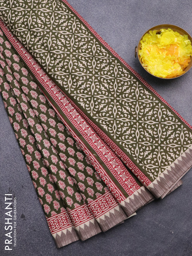 Muslin cotton saree sap green and beige with allover floral butta prints and printed border