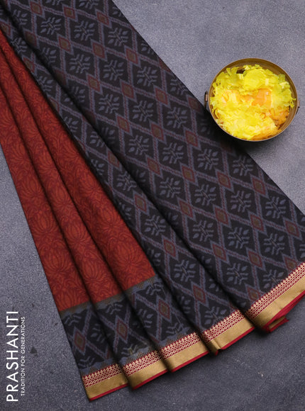 Muslin cotton saree maroon and black with allover floral prints and zari woven border