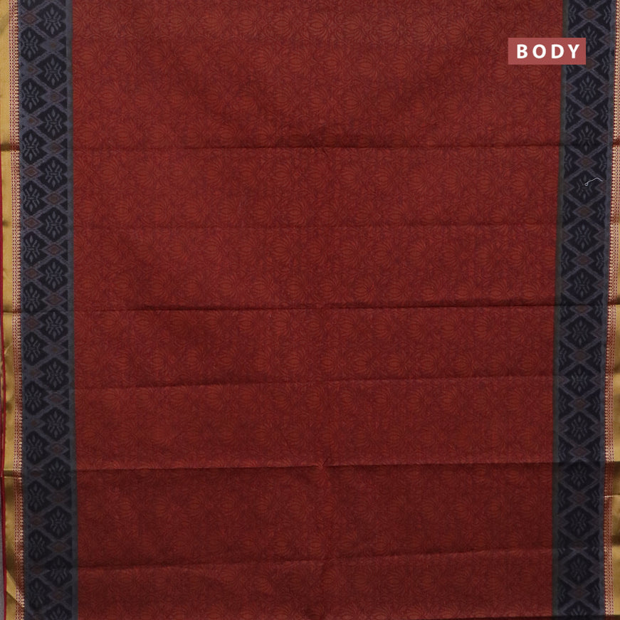 Muslin cotton saree maroon and black with allover floral prints and zari woven border