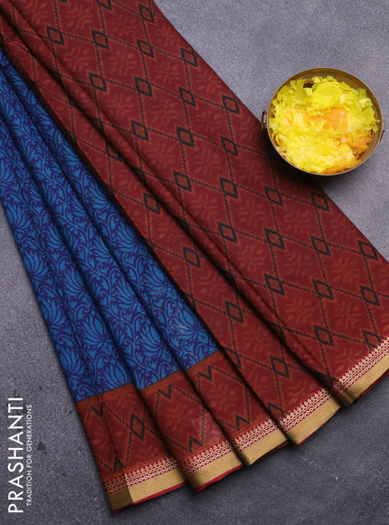 Muslin cotton saree dark blue and maroon with allover floral prints and zari woven border