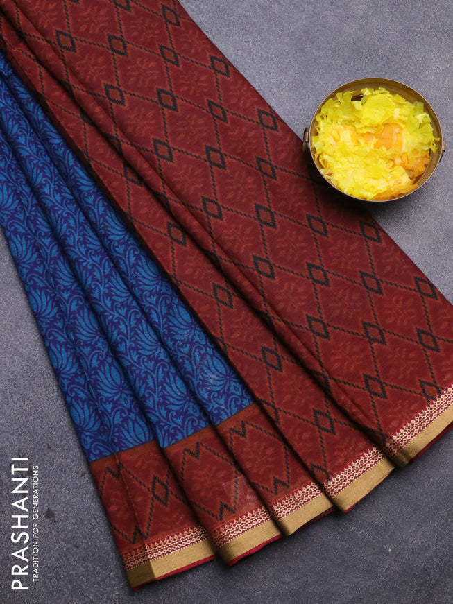 Muslin cotton saree dark blue and maroon with allover floral prints and zari woven border