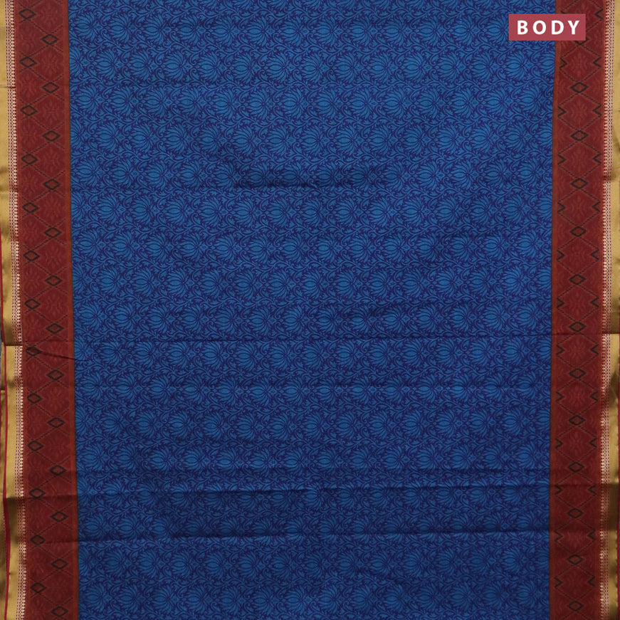 Muslin cotton saree dark blue and maroon with allover floral prints and zari woven border