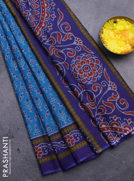 Muslin cotton saree cs blue and blue with allover ikat prints and printed border