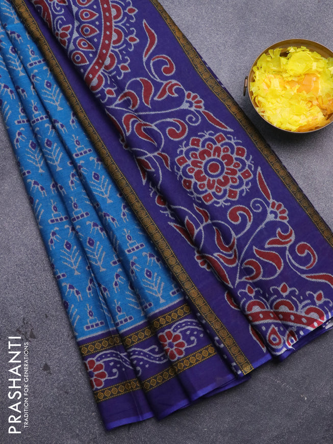 Muslin cotton saree cs blue and blue with allover ikat prints and printed border