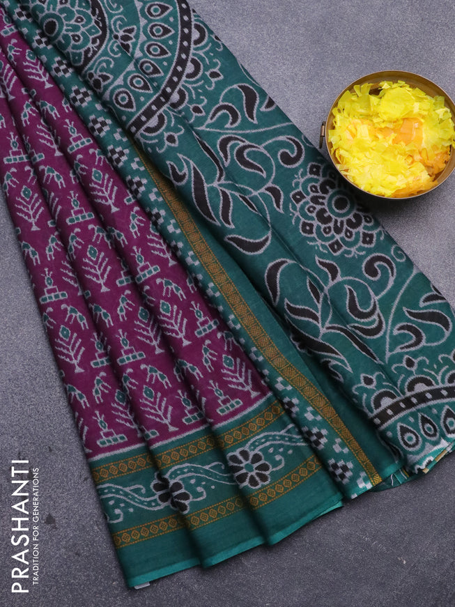 Muslin cotton saree purple and teal green with allover ikat prints and printed border