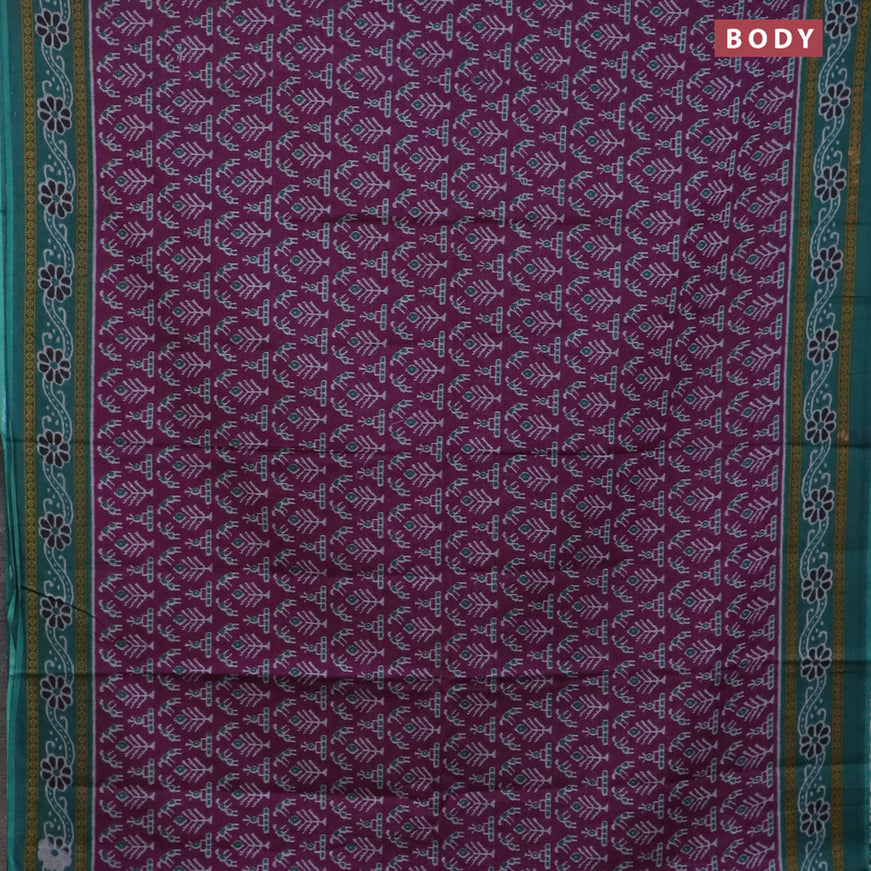 Muslin cotton saree purple and teal green with allover ikat prints and printed border