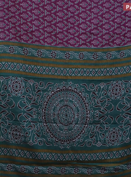 Muslin cotton saree purple and teal green with allover ikat prints and printed border