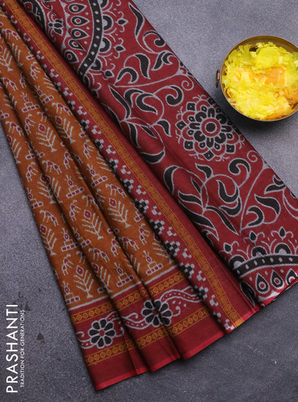 Muslin cotton saree dark mustard and maroon with allover ikat prints and printed border