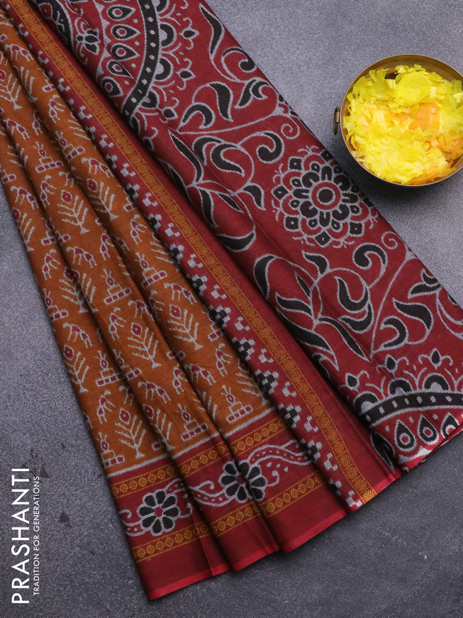 Muslin cotton saree dark mustard and maroon with allover ikat prints and printed border