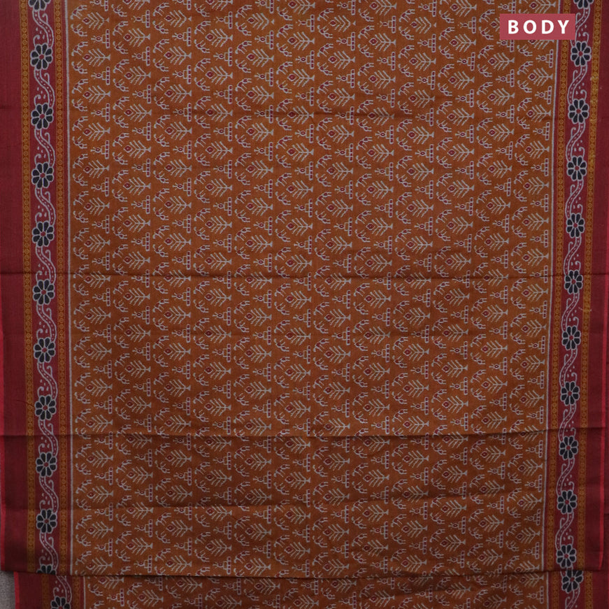 Muslin cotton saree dark mustard and maroon with allover ikat prints and printed border