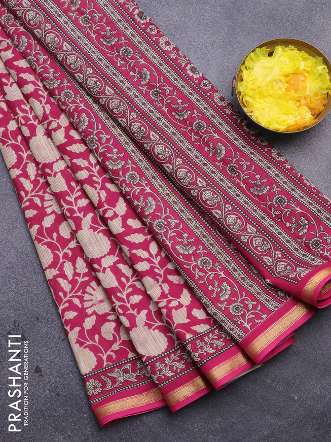 Muslin cotton saree pink and beige with allover prints and small zari woven border