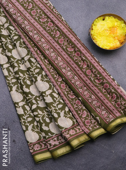 Muslin cotton saree sap green and beige with allover prints and small zari woven border